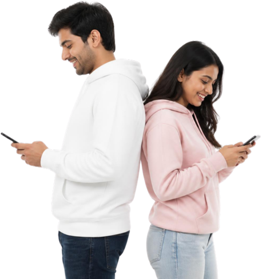 A couple standing back to back, each smiling at their phone