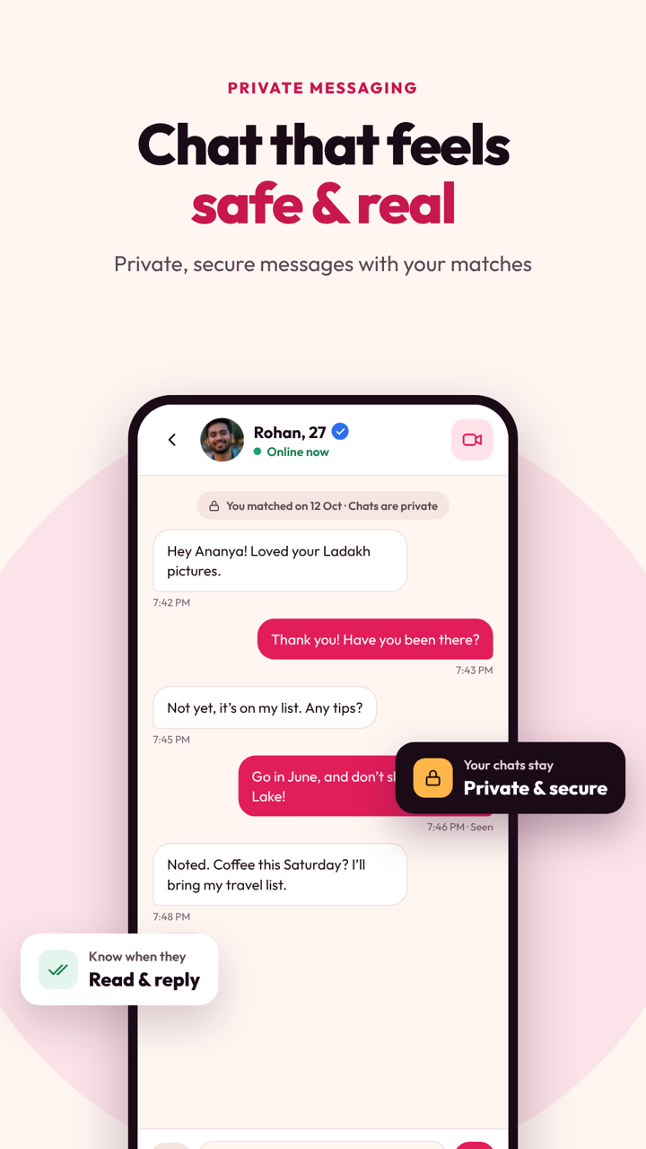 Meetoxx chat screen — a private, encrypted conversation between two matched members