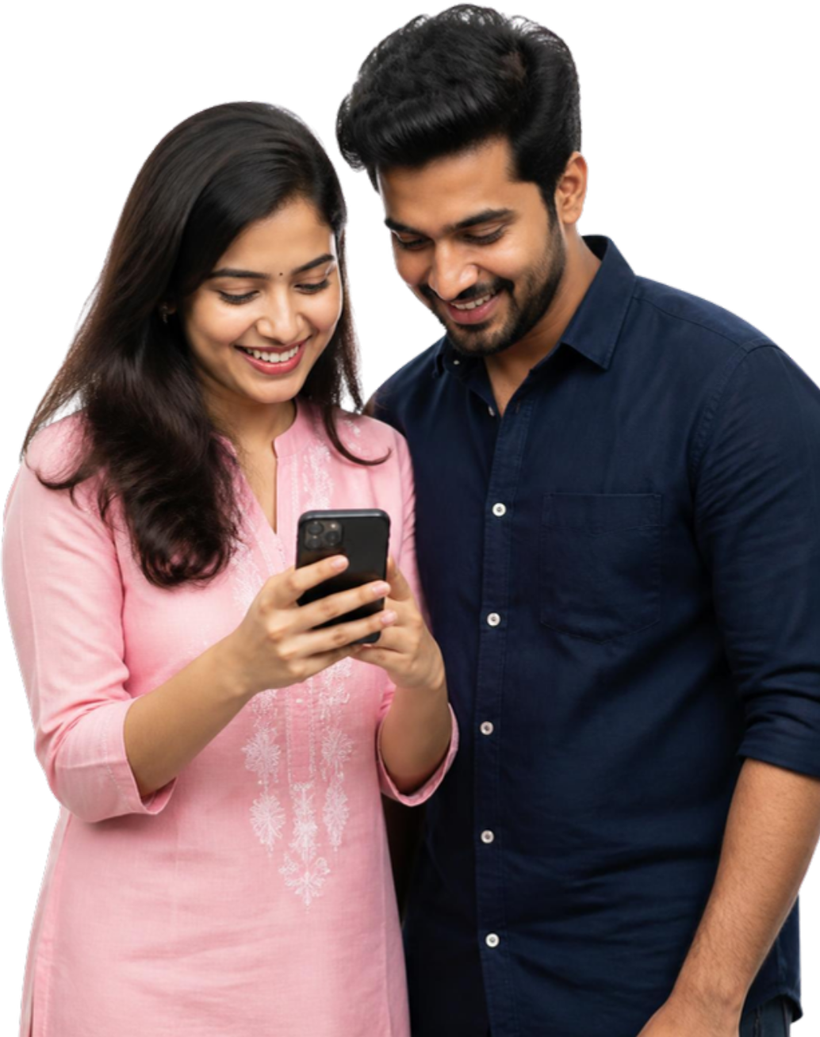A couple reading a Meetoxx chat together on one phone